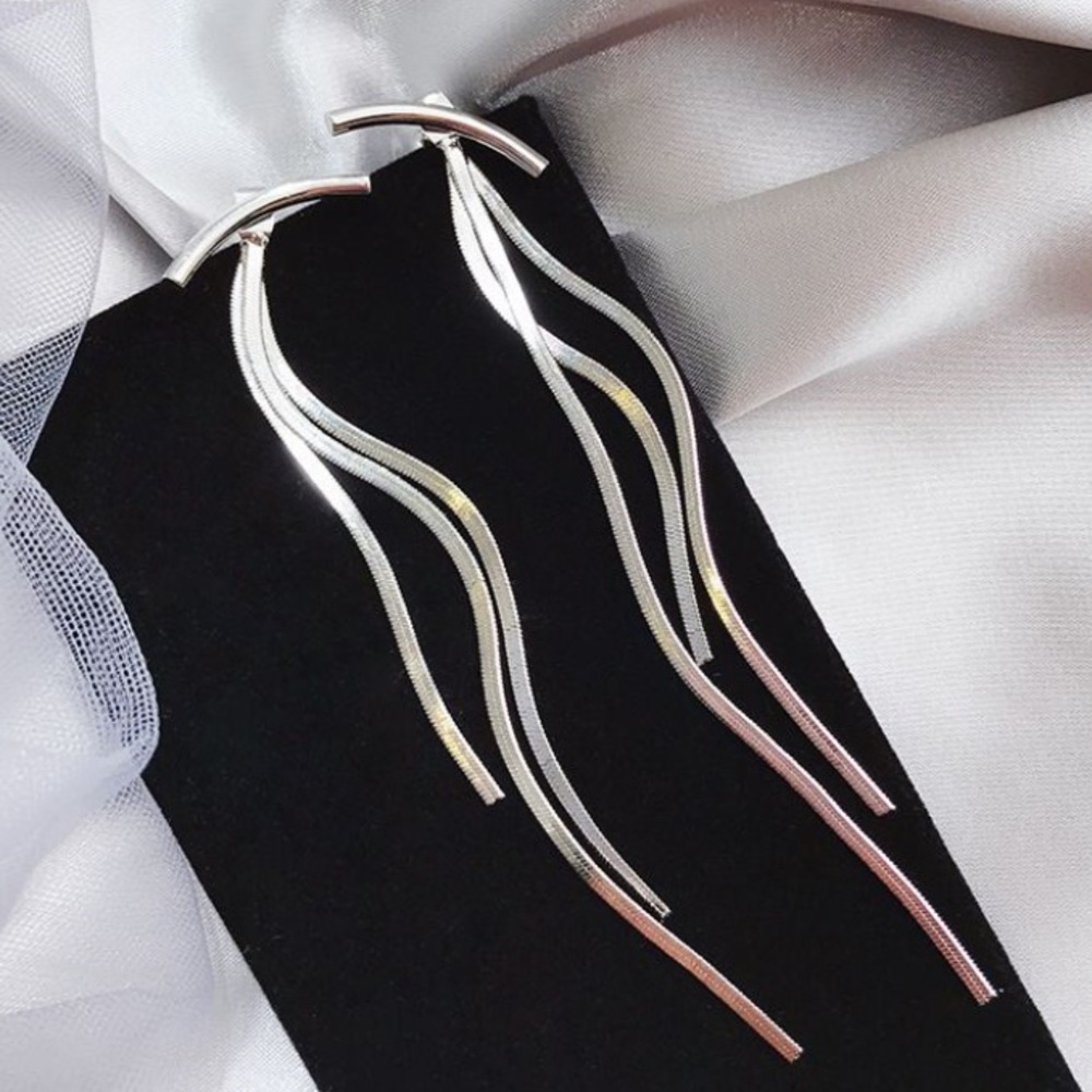 Silver curved bar dangle tassel drop earrings - Picture 3 of 5